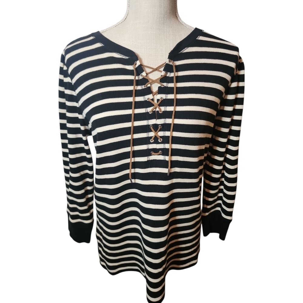 Ralph Lauren Blue Label Lace-Up Nautical Stripe Top Suede Tie Long Sleeve L
